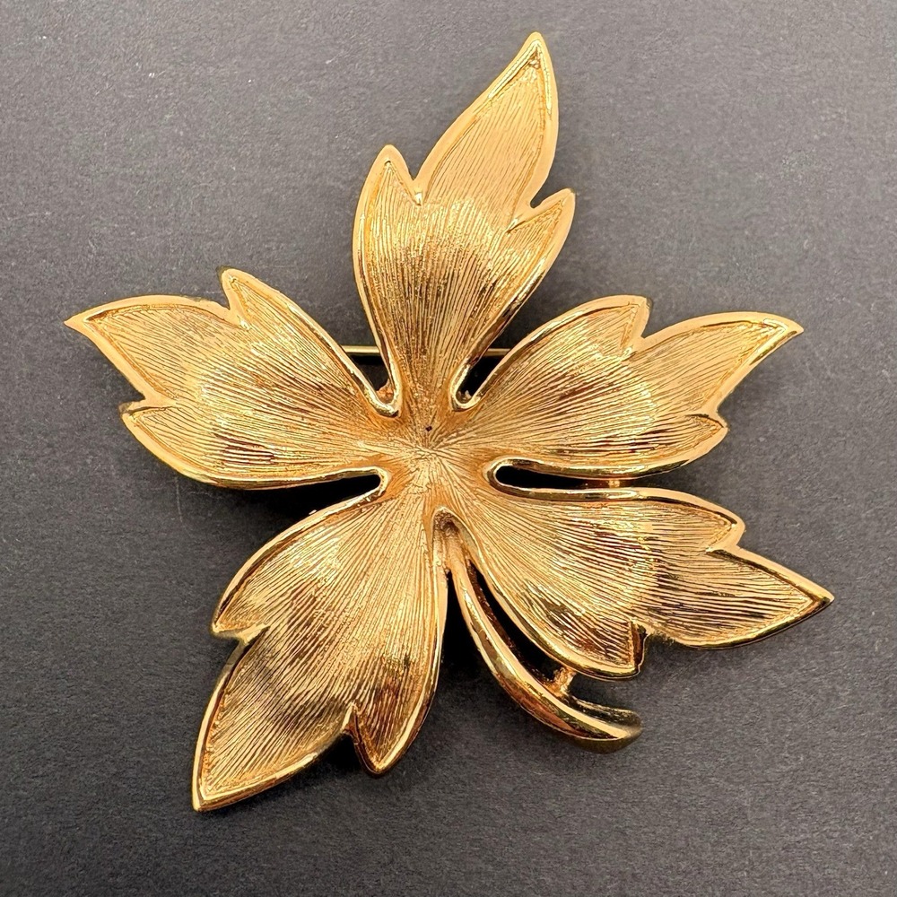 Vintage Monet Maple Leaf Textured Gold Tone Brooch 2" Fall Autumn Nature